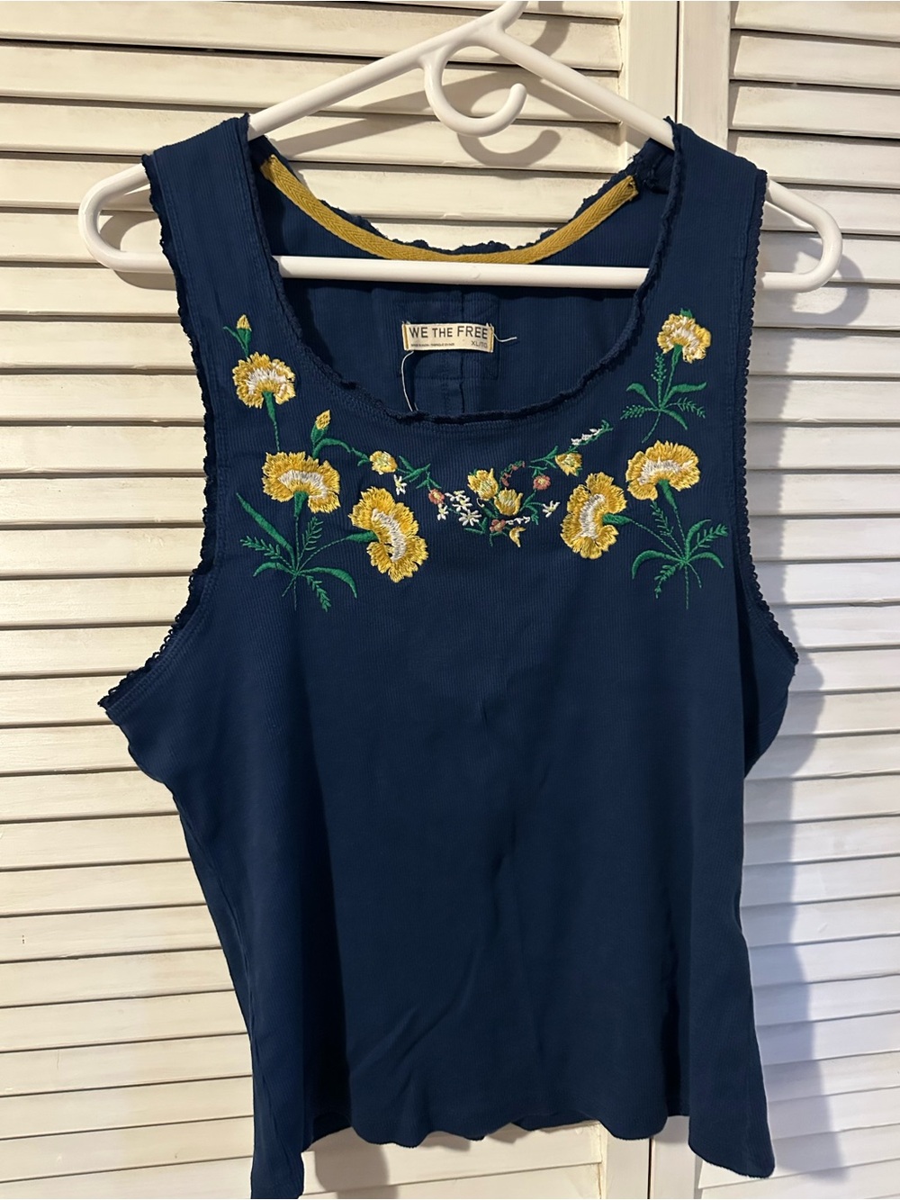 We The Free Navy Tank Top with Yellow Floral Embroidery